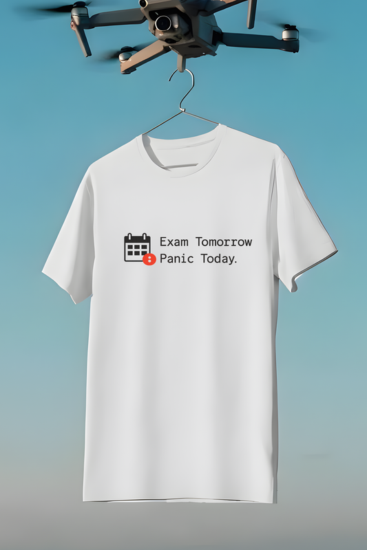 Exam Tomorrow Panic Today T‑Shirt | Funny Student Exam Panic Tee - Size Chart and Fit Guide