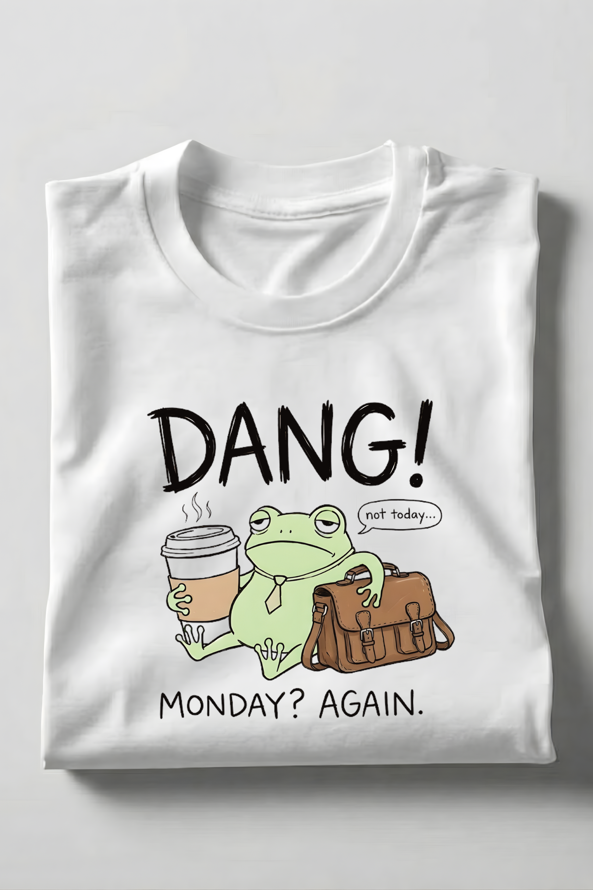 DANG! Monday? Again. – Funny Frog Coffee Monday T‑Shirt - Product Details and Specifications