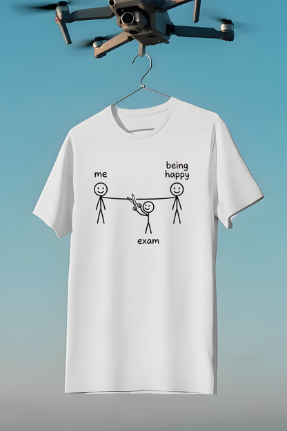Exam vs Happiness – Funny Student Stick Figure T‑Shirt - Size Chart and Fit Guide