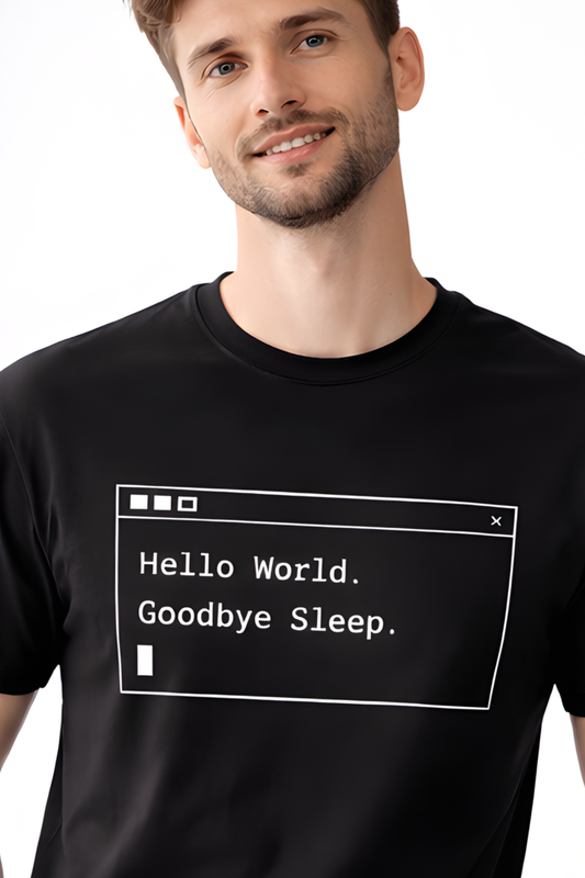 Hello World, Goodbye Sleep – College Coding Student T‑Shirt - Main Graphic Design