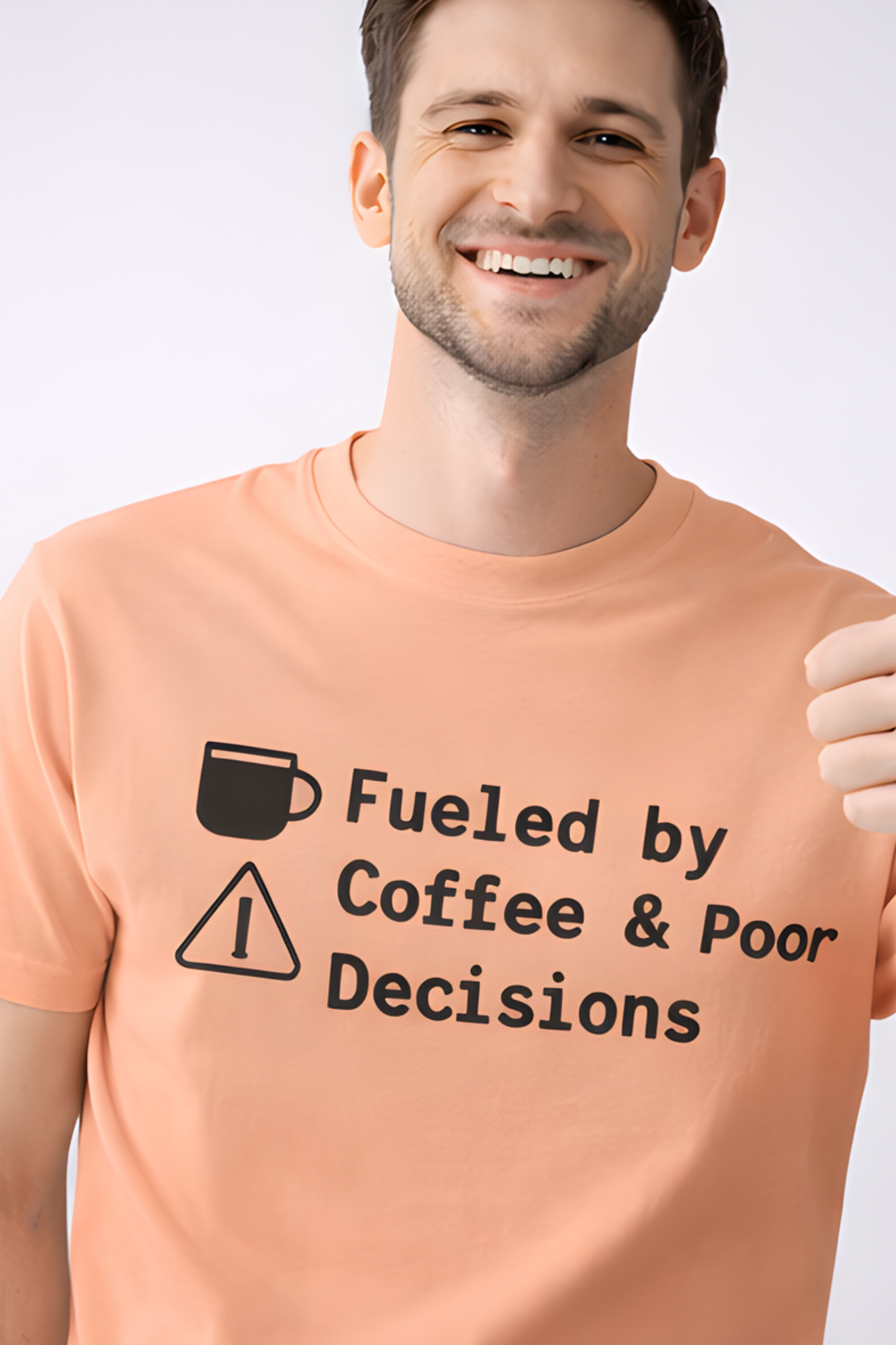 Fueled by Coffee & Poor Decisions – Funny Coffee Quote T‑Shirt - Color Variant - Front View