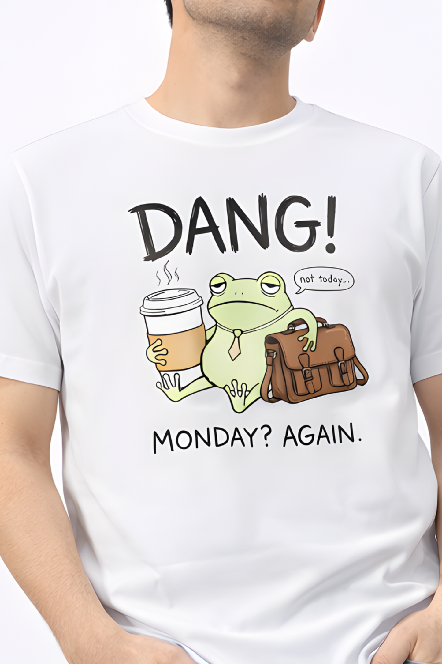 DANG! Monday? Again. – Funny Frog Coffee Monday T‑Shirt - Color Variant - Front View