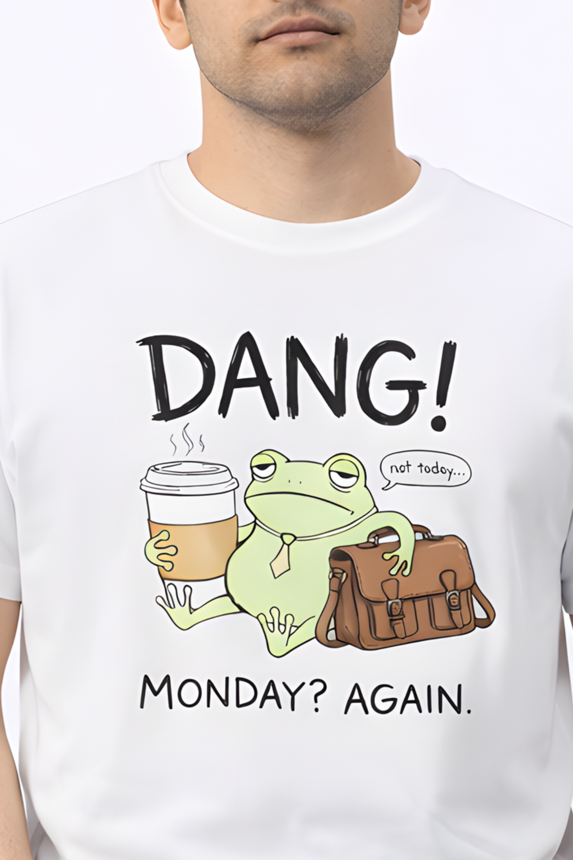 DANG! Monday? Again. – Funny Frog Coffee Monday T‑Shirt - Main Graphic Design
