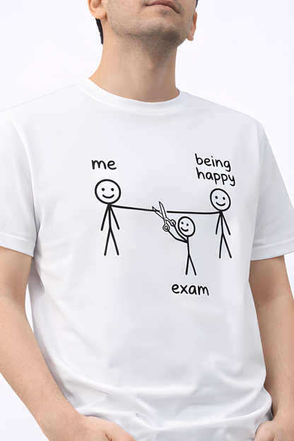 Exam vs Happiness – Funny Student Stick Figure T‑Shirt - Color Variant - Back View