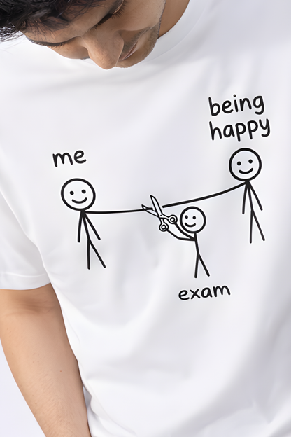 Exam vs Happiness – Funny Student Stick Figure T‑Shirt - Main Graphic Design
