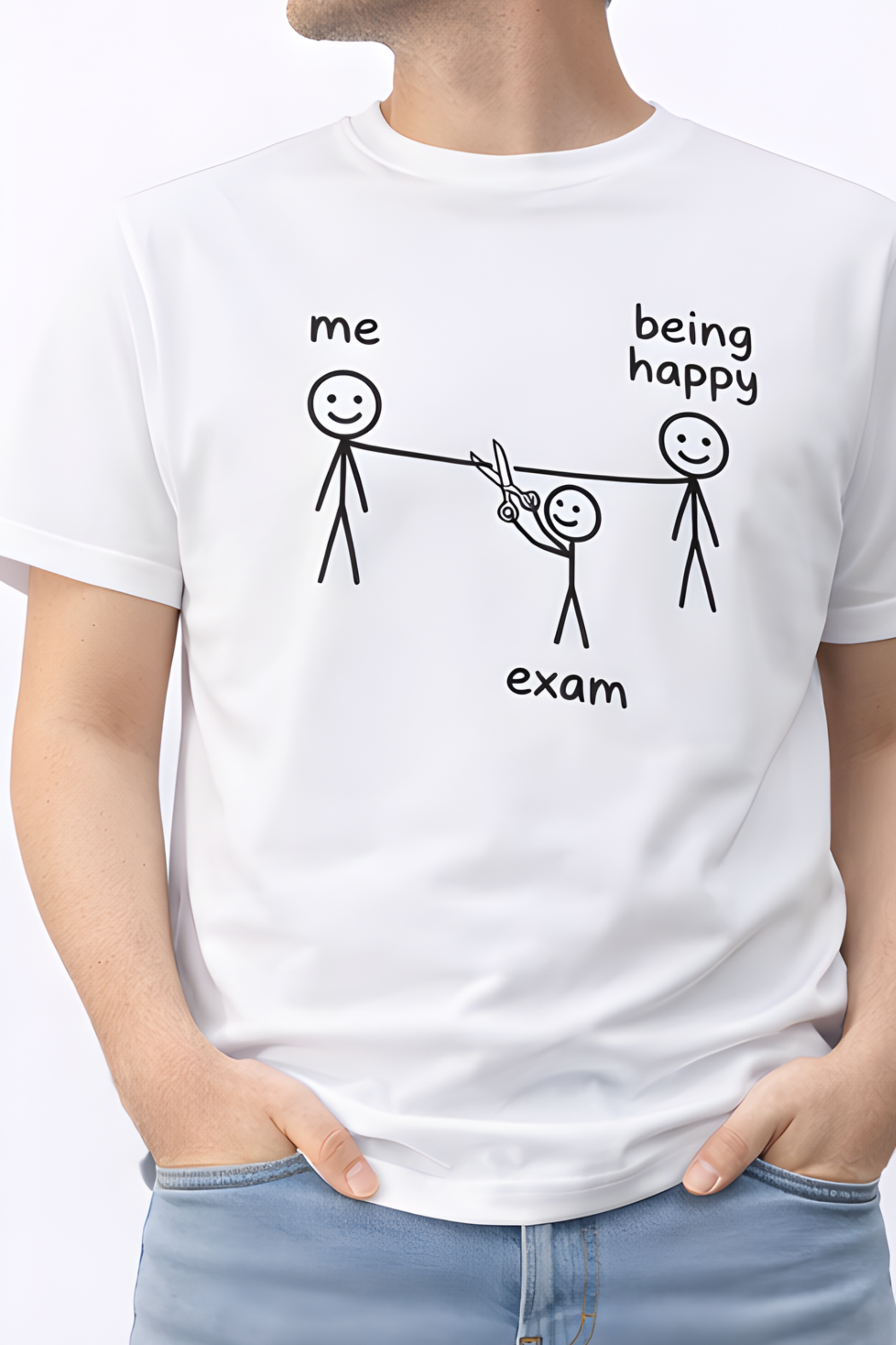 Exam vs Happiness – Funny Student Stick Figure T‑Shirt - Color Variant - Front View