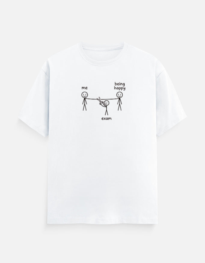 Exam vs Happiness – Funny Student Stick Figure T‑Shirt - Product Image