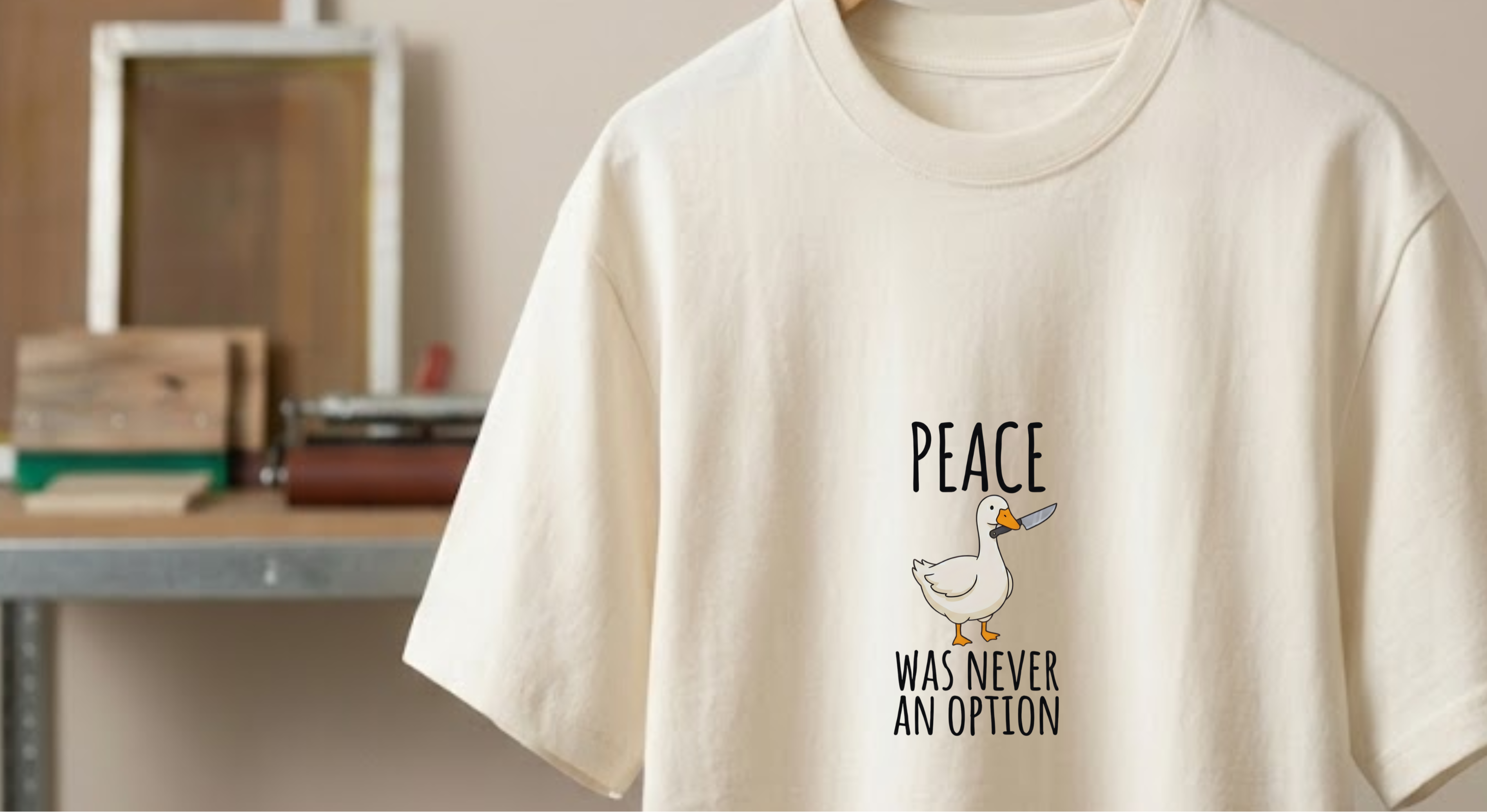 White t-shirt with a graphic and text 'Peace was never an option' on a hanger against a neutral background.